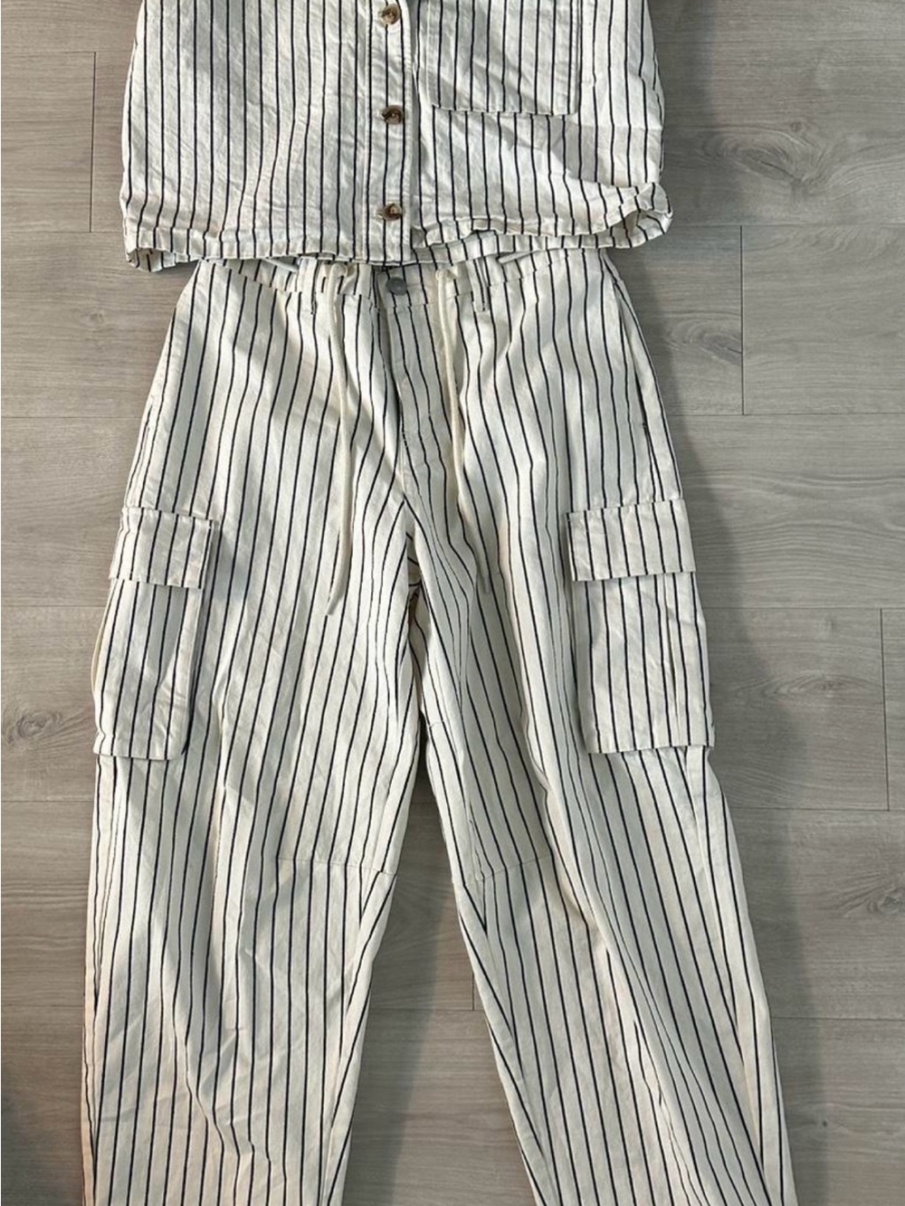 Striped Cargo Joggers and top- White with black Pinstripes